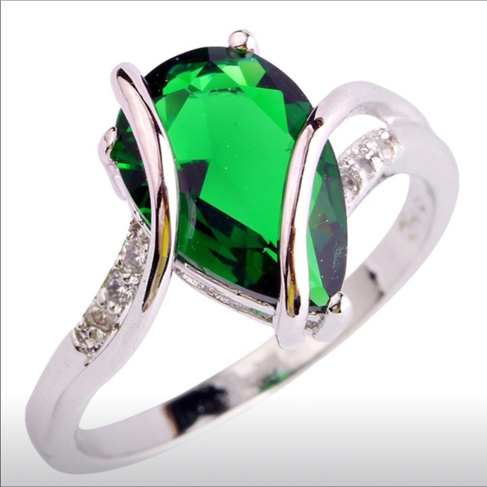 Silver Emerald (lab created and CZ diamond ring - Picture 5 of 5